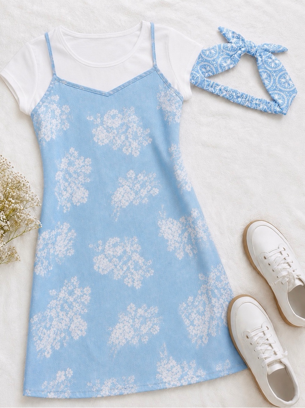 Justice Girls Size 12 Chambray Blue White 2-Fer Slip Tee Dress Headband NWT